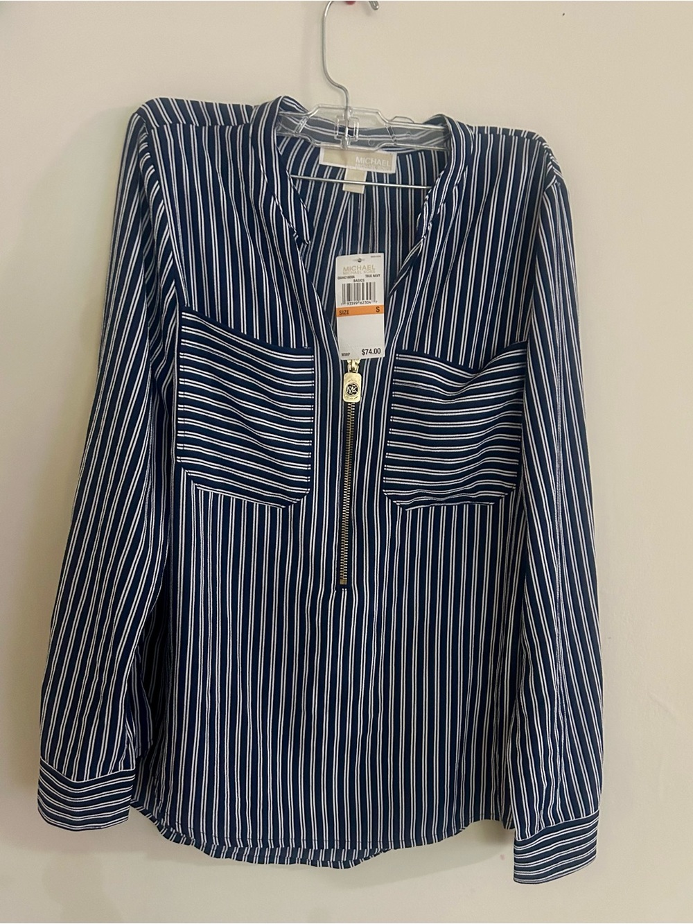 Michael Kors Navy and White Vertical Stripe Zip Blouse